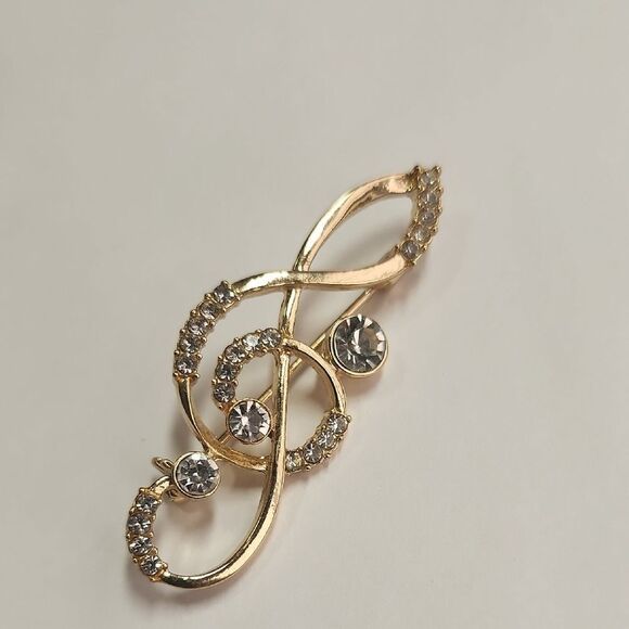 Vintage Gold Treble Clef Brooch with Crystals - Picture 1 of 4